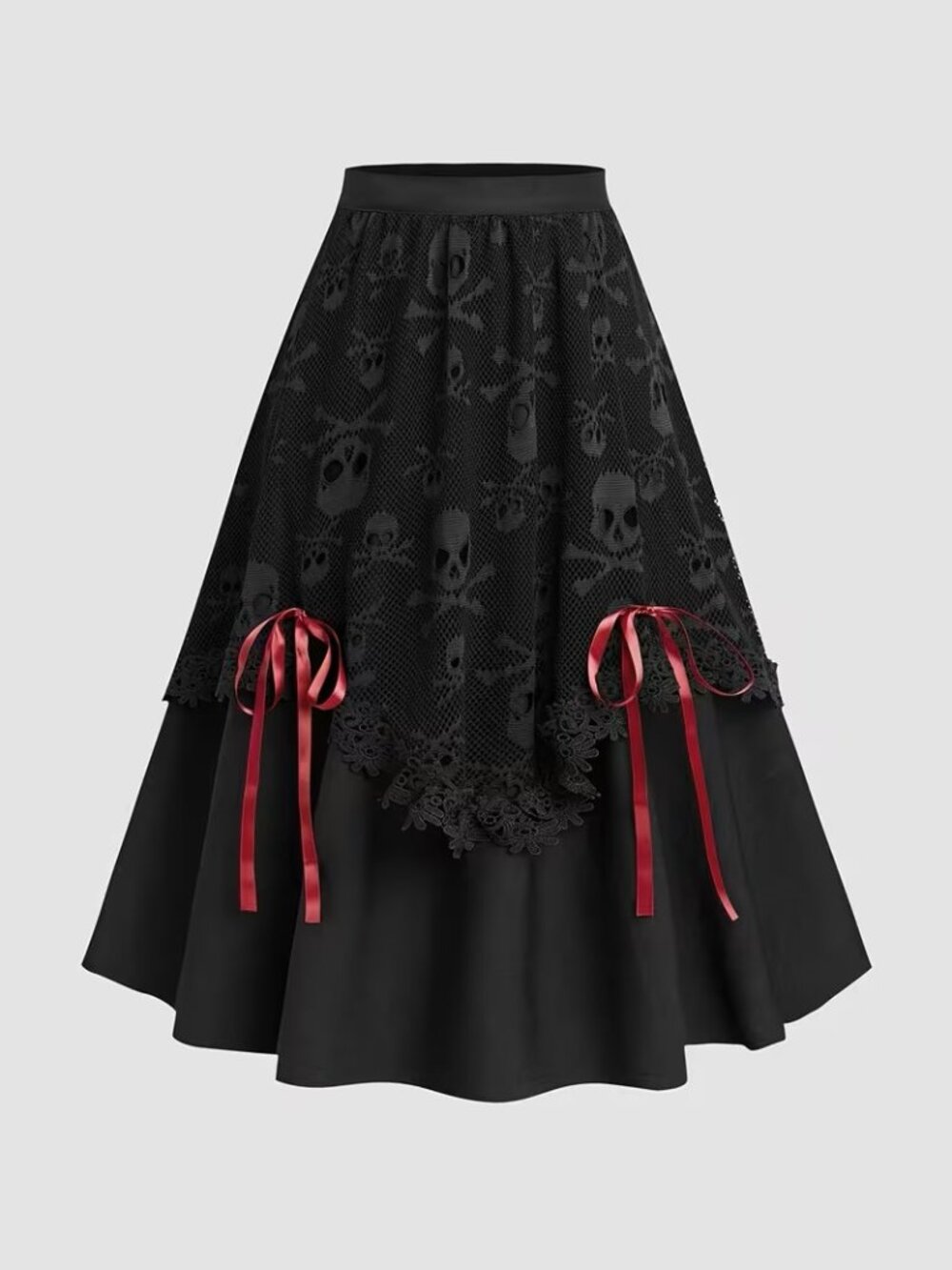 Rosegal Skull Lace Maxi Skirt Black Red Ribbon Goth LARGE